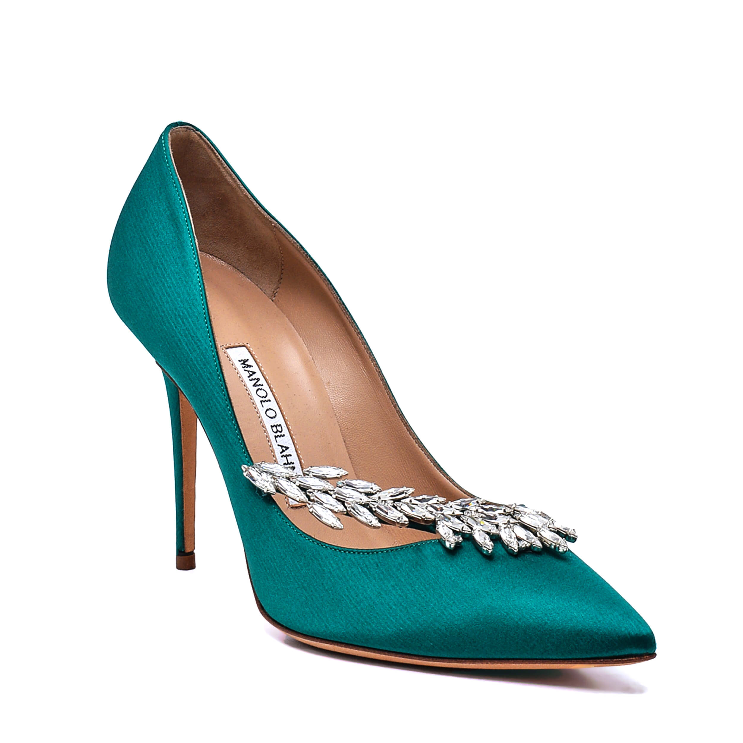 Manolo Blahnik - Green Satin Nadira Jewel Buckle Pumps / 38